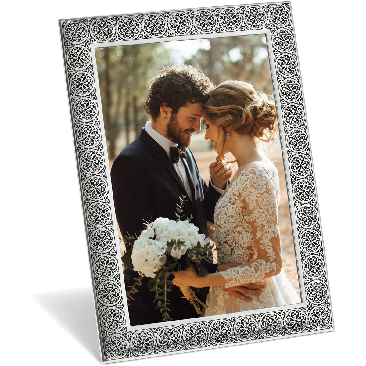 Brighton picture frame with silver-plated ornate medallion pattern border displaying a wedding photo on a white background