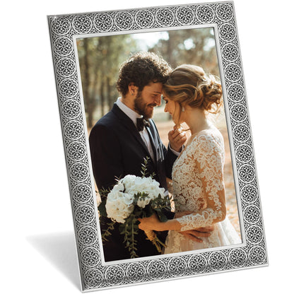 Brighton picture frame with silver-plated ornate medallion pattern border displaying a wedding photo on a white background
