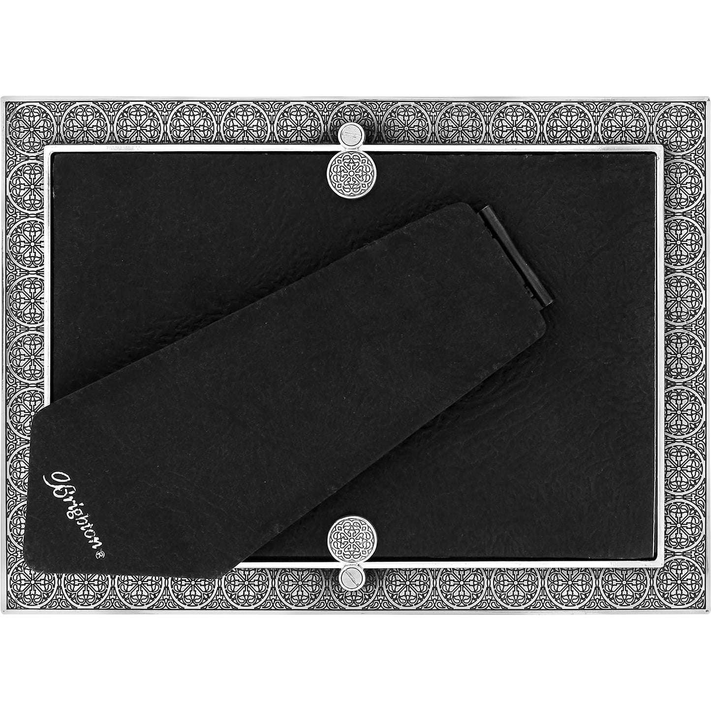 Brighton picture frame shown from the back with silver-plated patterned border and black easel stand on a white background