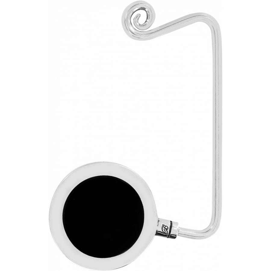 Brighton bag hook with silver-tone scroll hook and round black medallion accent on a white background