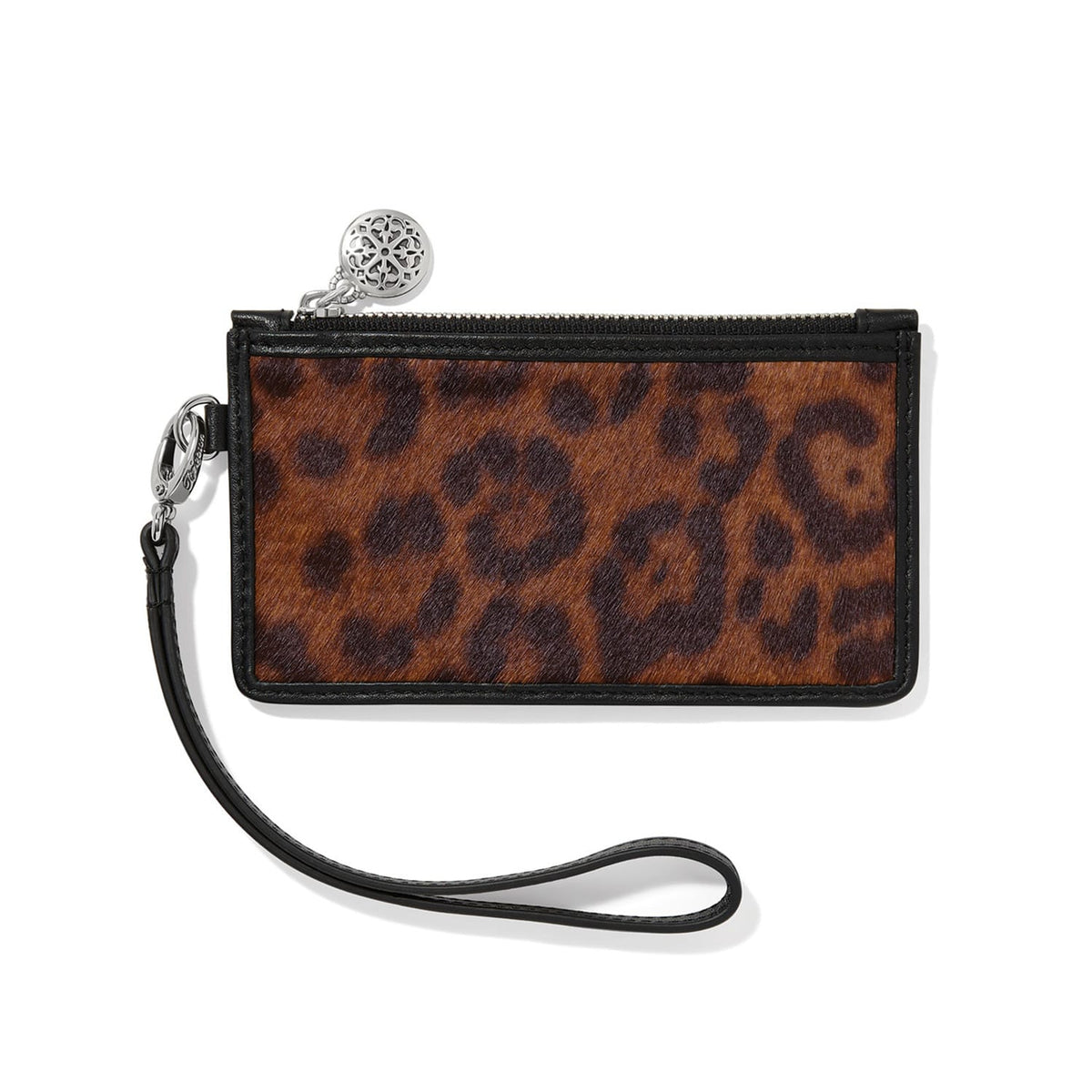 Brighton wristlet wallet with leopard print front, black leather trim, zip top, and silver-tone medallion pull on a white background