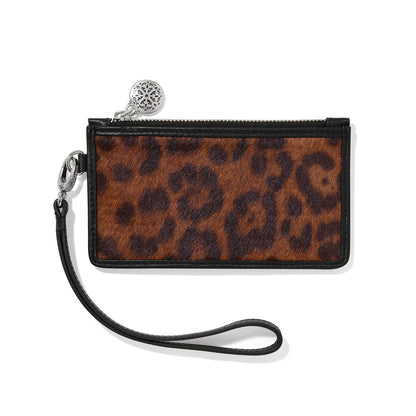Brighton wristlet wallet with leopard print front, black leather trim, zip top, and silver-tone medallion pull on a white background