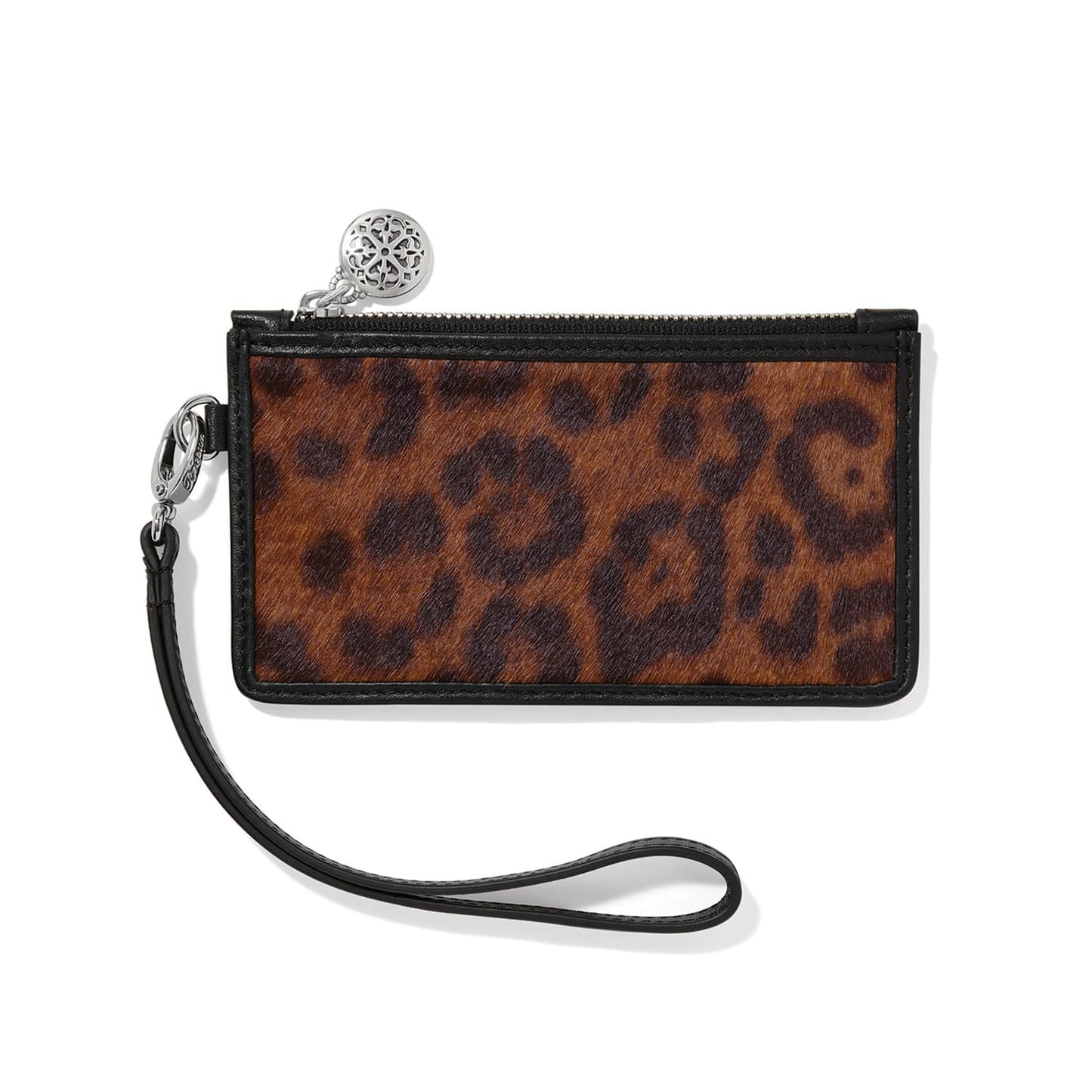 Brighton wristlet wallet with leopard print front, black leather trim, zip top, and silver-tone medallion pull on a white background