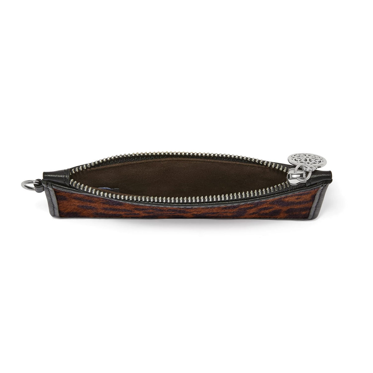 Brighton zip pouch shown open with leopard print exterior, black leather trim, and silver-tone zipper on a white background