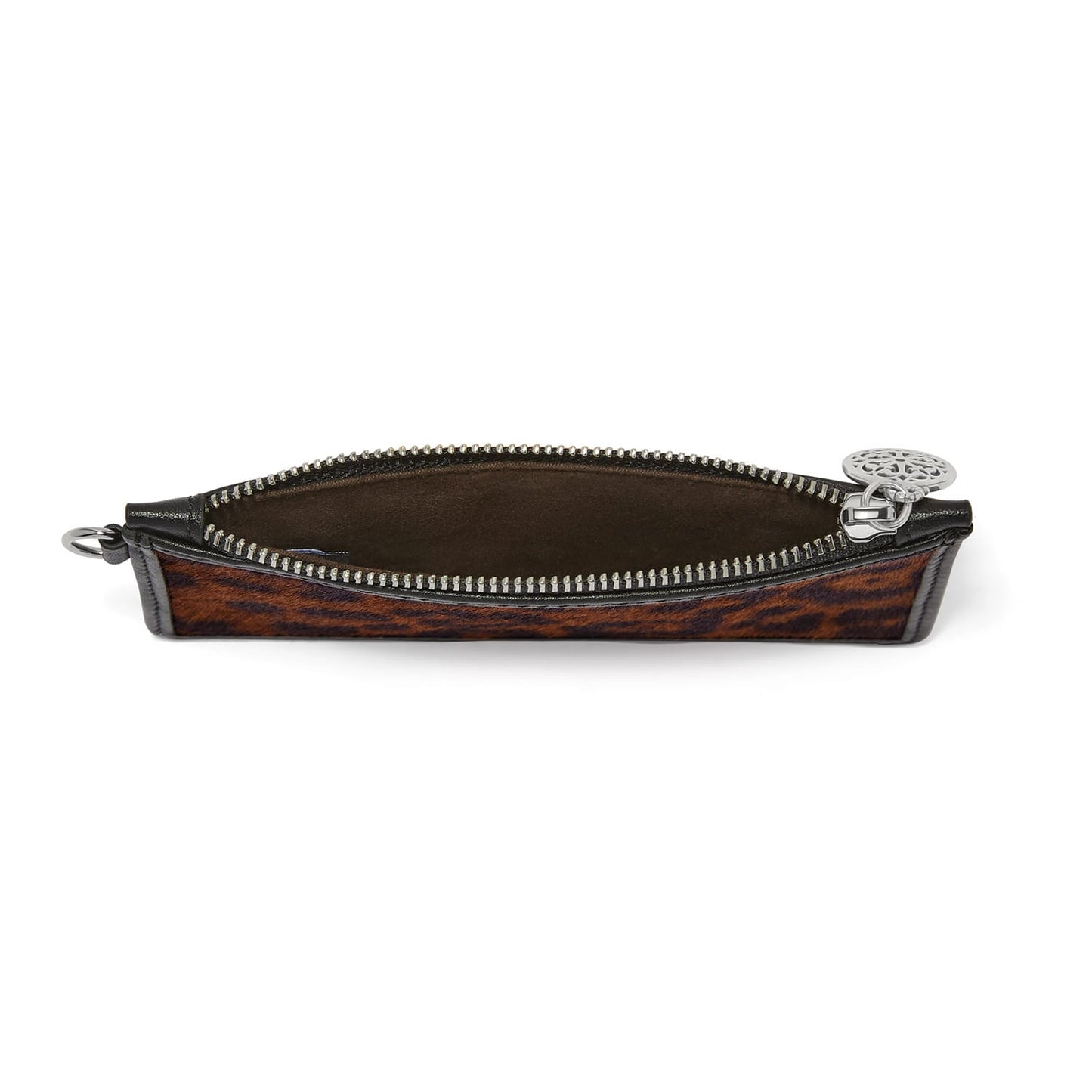 Brighton zip pouch shown open with leopard print exterior, black leather trim, and silver-tone zipper on a white background