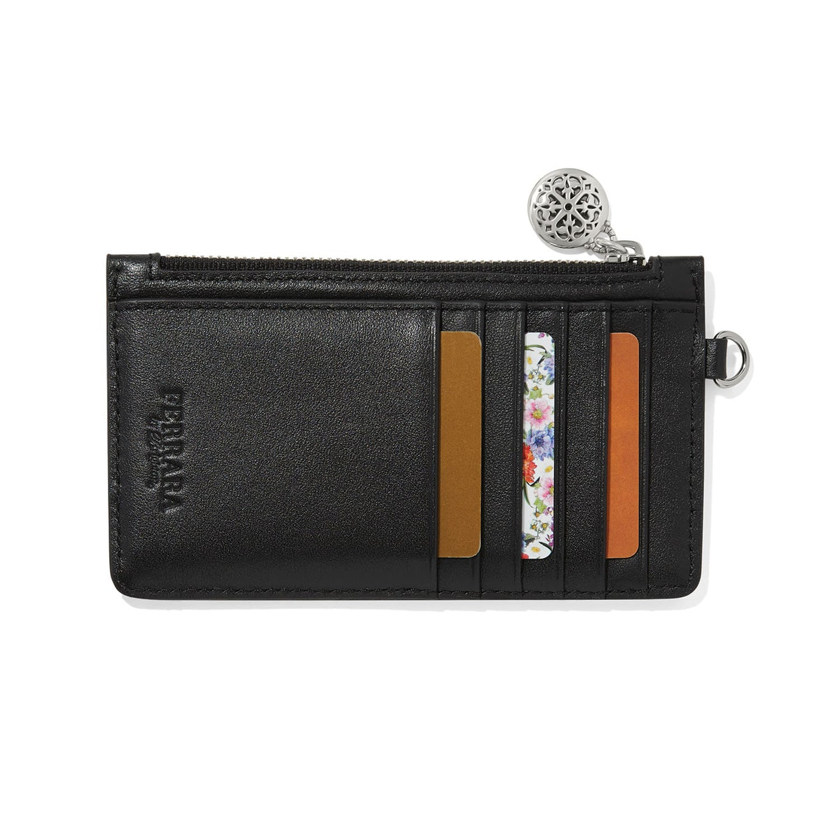 Brighton black leather card case with zip top, multiple card slots, and silver-tone medallion zipper pull on a white background