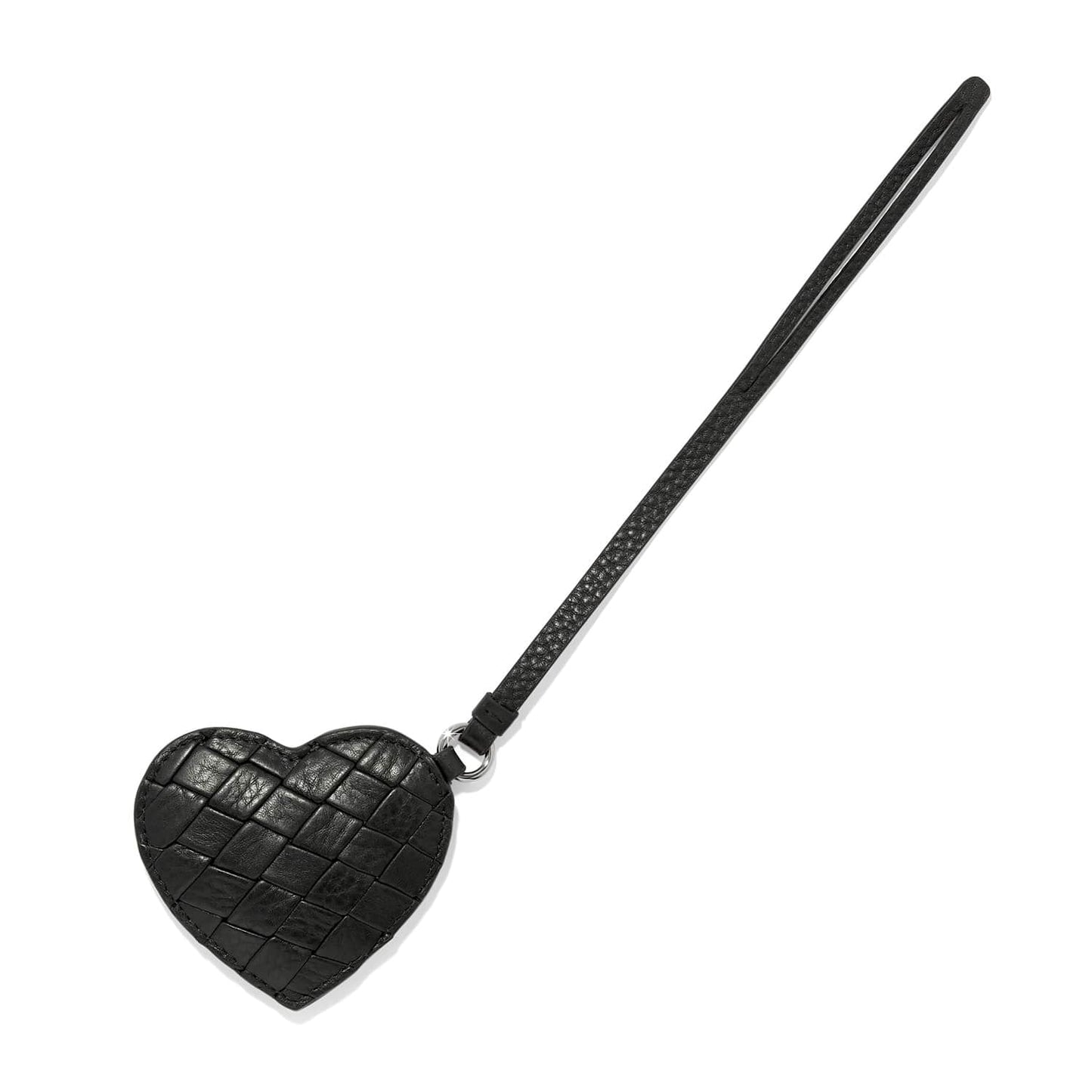 Brighton heart bag charm in woven black leather with long wristlet strap and silver-tone ring on a white background