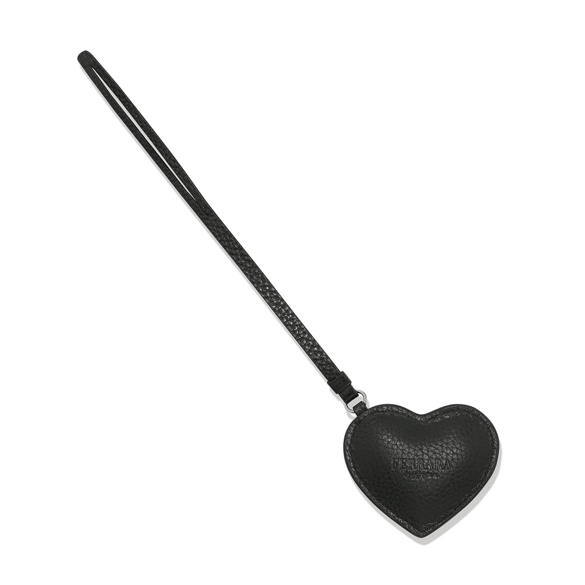 Brighton heart-shaped leather bag charm in black with embossed logo and long wristlet strap on a white background