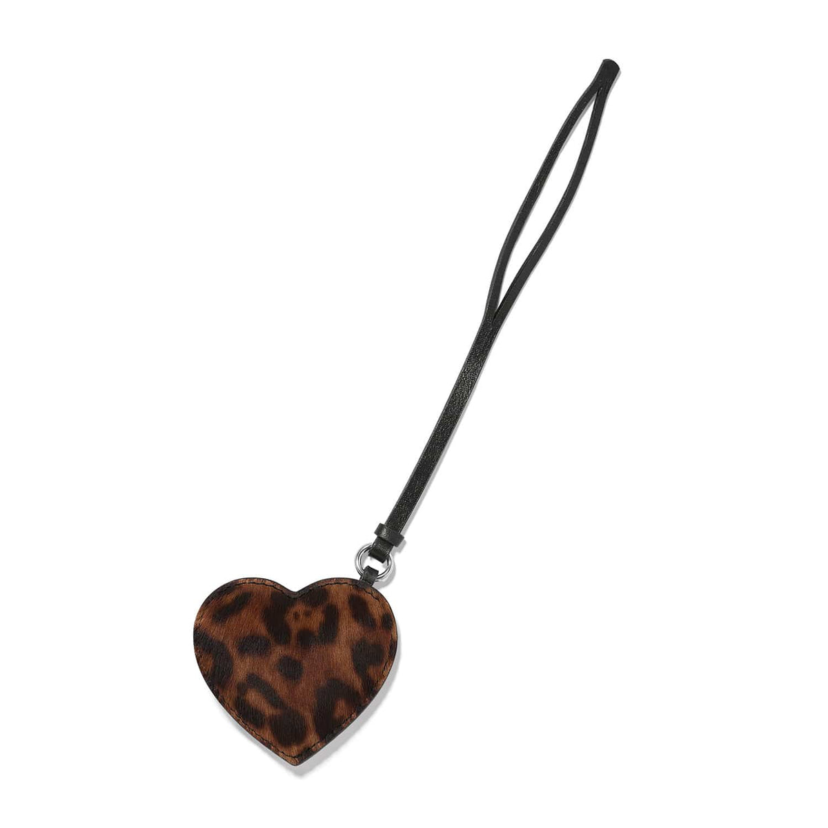 Brighton heart bag charm in leopard-print hair-on leather with black leather wrist strap on a white background
