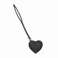 Brighton heart bag charm in black leather with logo stamp and long wristlet strap on a white background