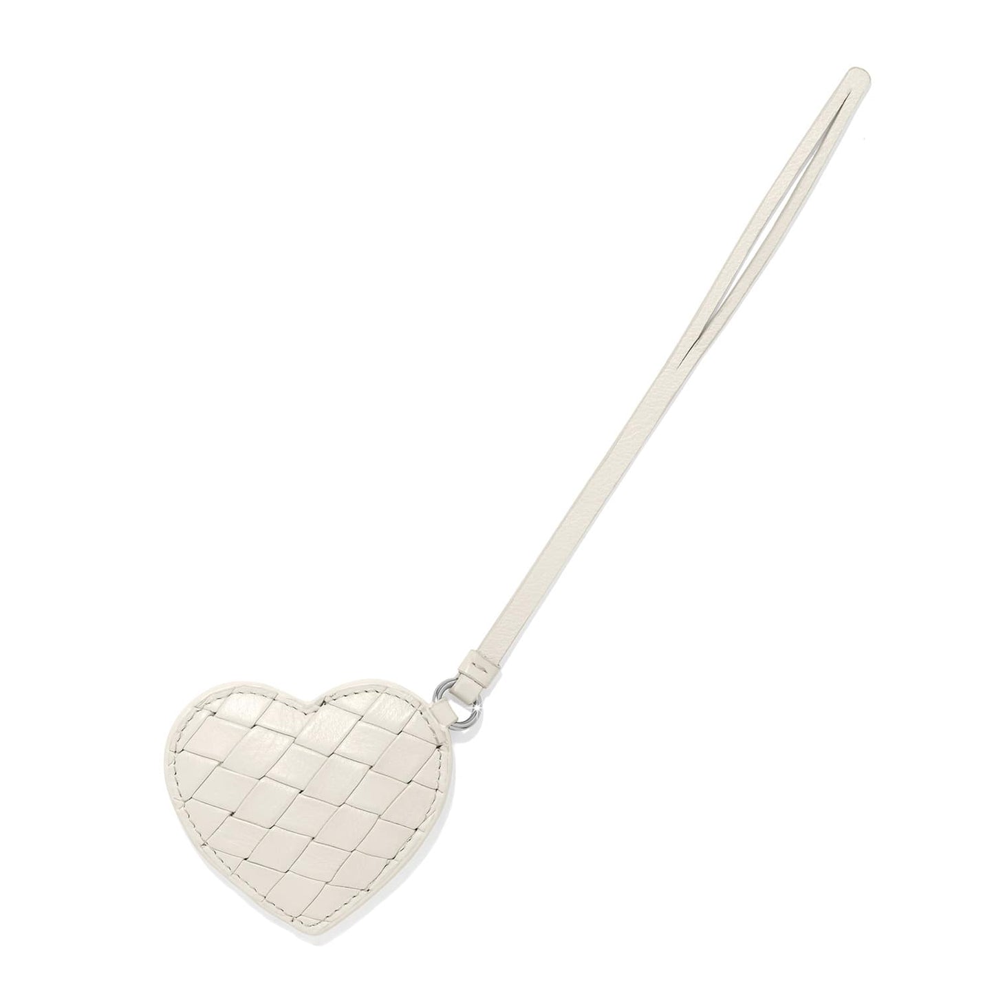 Brighton heart bag charm in woven ivory leather with long leather wristlet strap on a white background