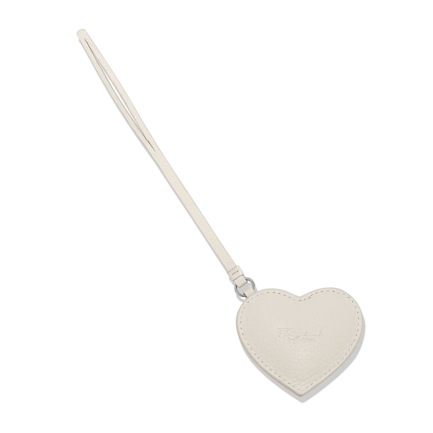 Brighton heart-shaped leather bag charm in cream with embossed logo and long leather wristlet strap on a white background