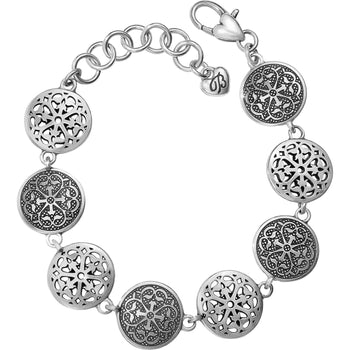 Brighton link bracelet with silver-plated filigree medallions, adjustable chain, and lobster clasp on a white background