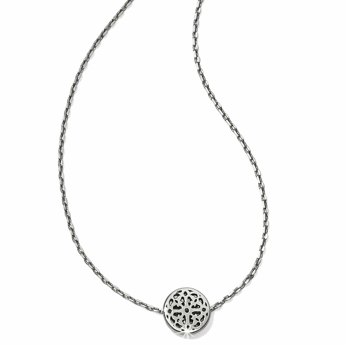 Brighton pendant necklace with silver-plated openwork medallion and delicate chain on a white background