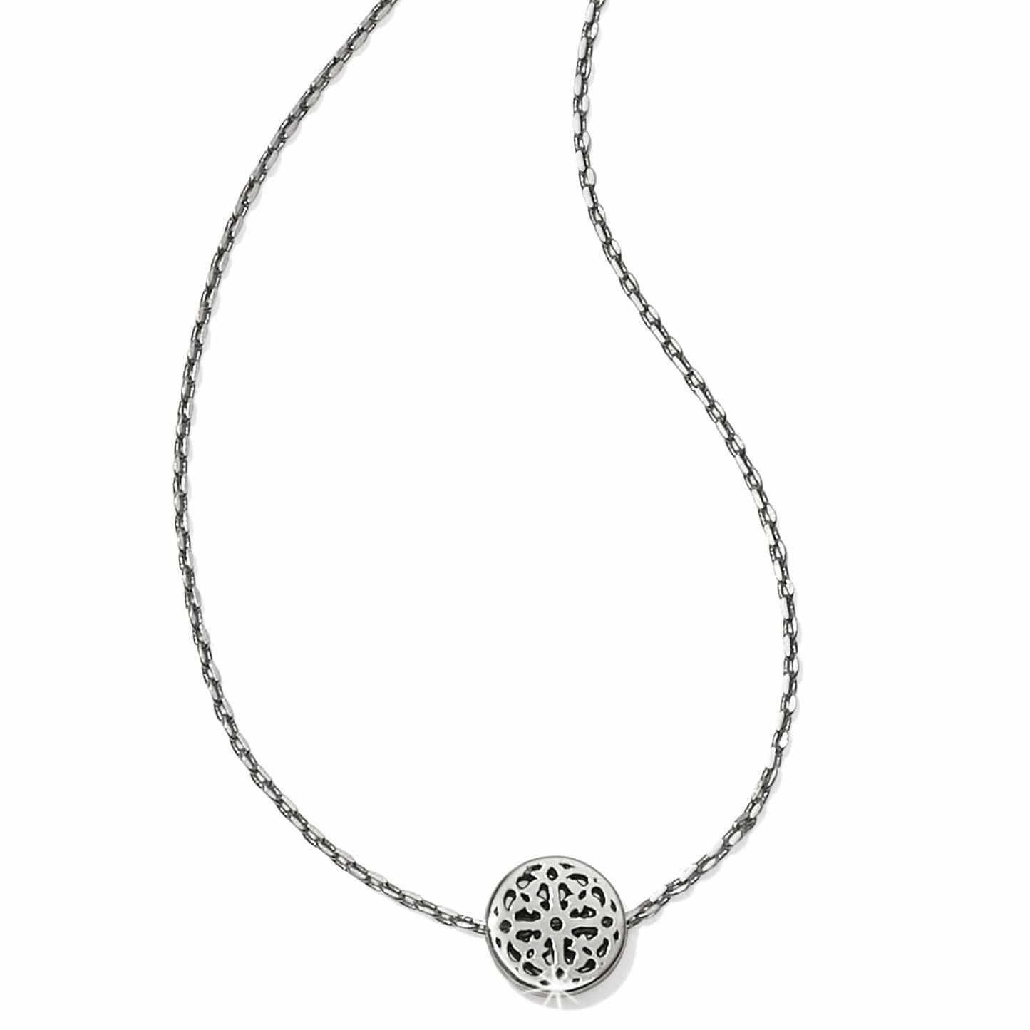Brighton pendant necklace with silver-plated openwork medallion and delicate chain on a white background