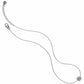 Brighton silver-plated necklace with small round openwork pendant, extender chain, and heart-shaped lobster clasp on a white background