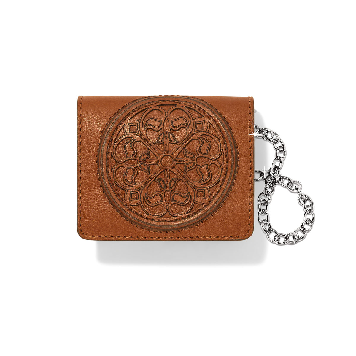 Brighton brown leather wallet with embossed circular medallion design and silver-tone chain on a white background