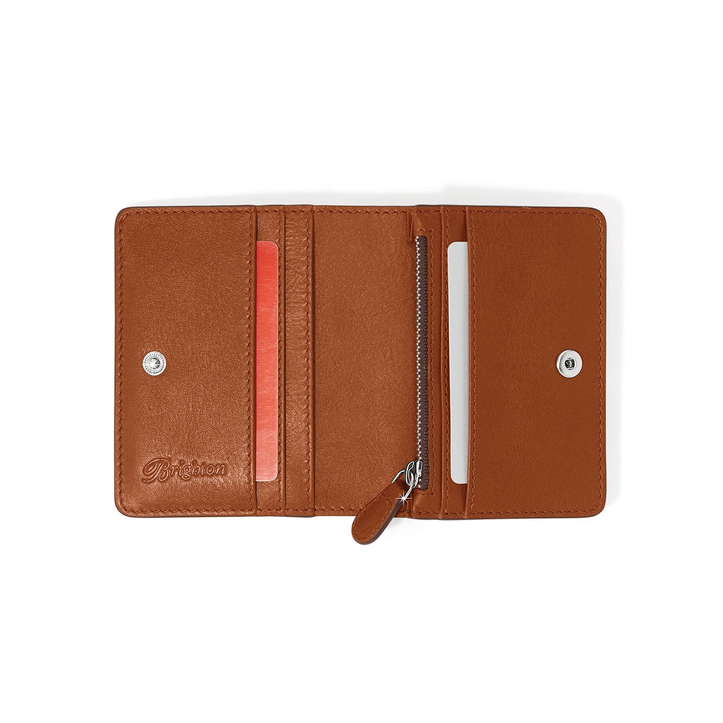 Brighton bifold wallet shown open with tan leather interior, card slots, and zippered coin pocket on a white background