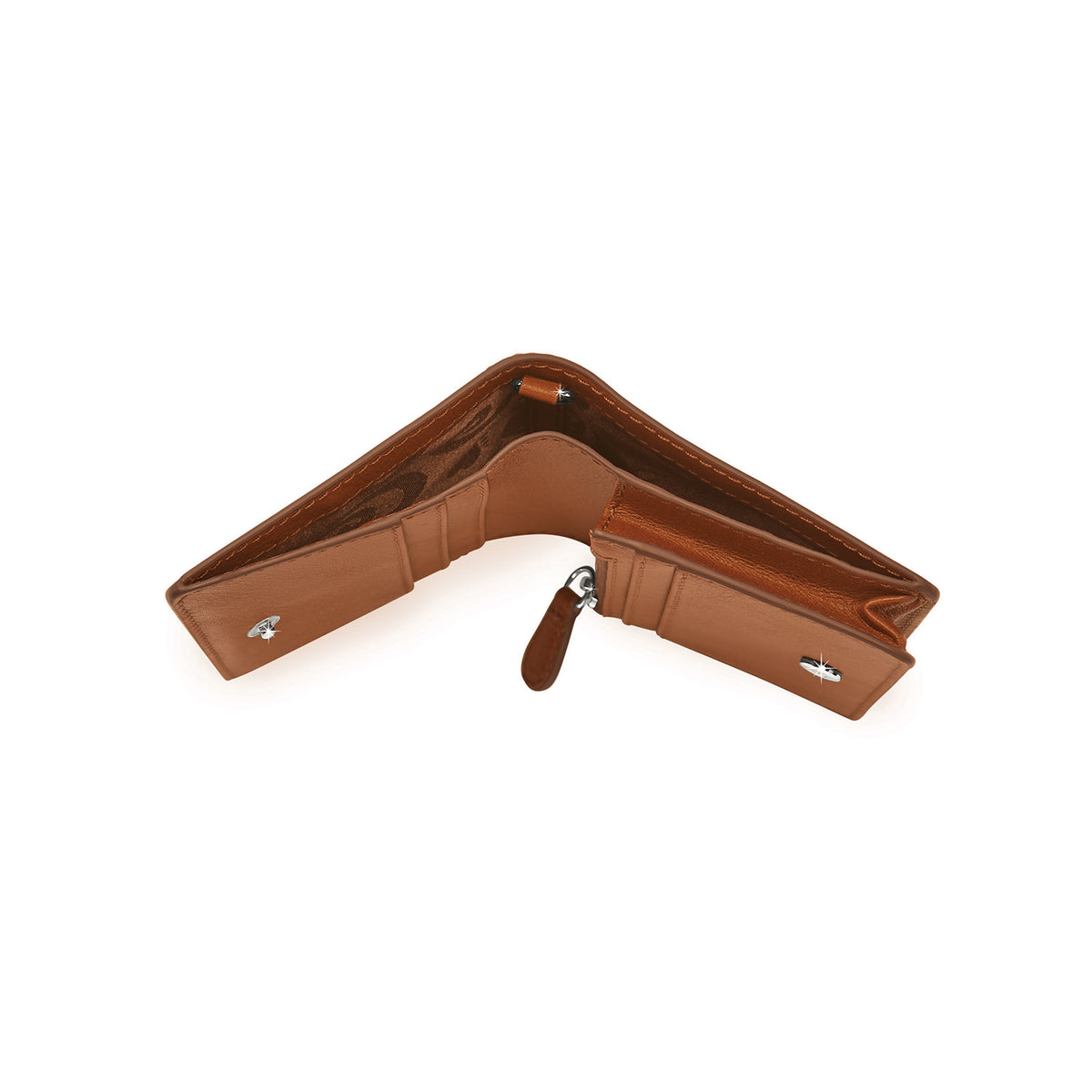 Brighton brown leather bifold wallet shown open from below with zippered coin pocket on a white background