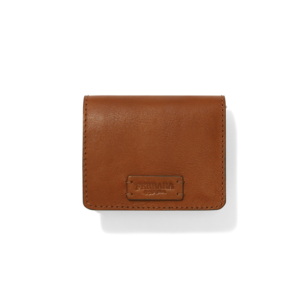 Brighton bifold wallet in tan leather with embossed Ferrara logo plaque and stitched edges on a white background