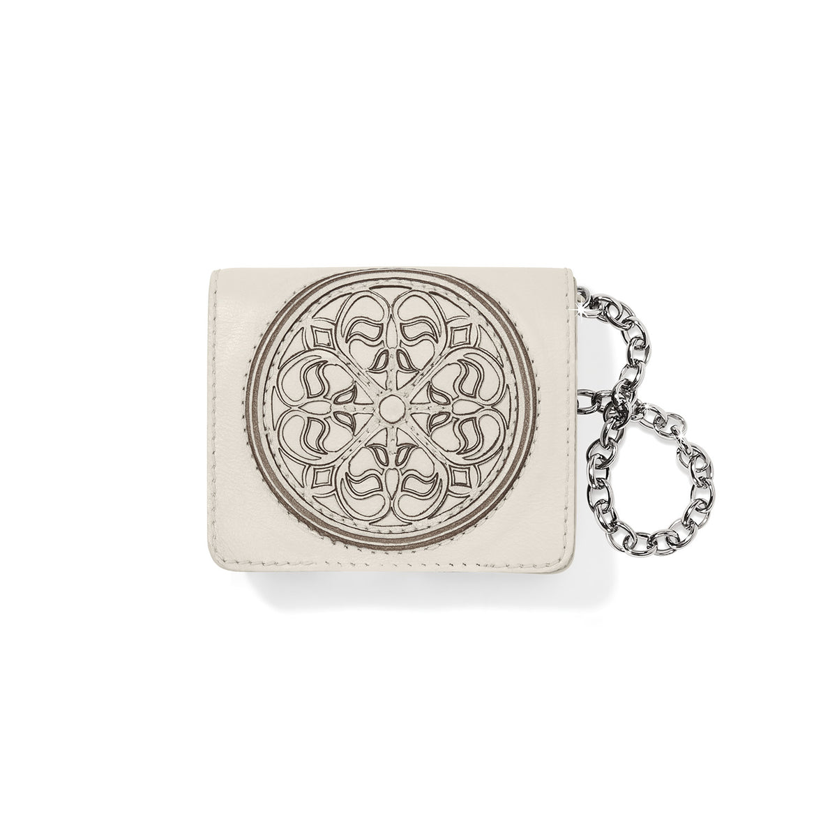 Brighton ivory leather card wallet with embossed medallion design and silver-tone chain wristlet on a white background