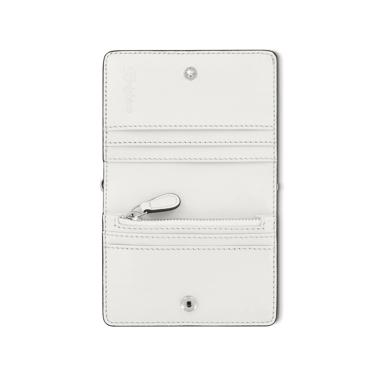 Brighton wallet shown open with white leather interior, card slots, zippered coin pocket, and snap closures on a white background