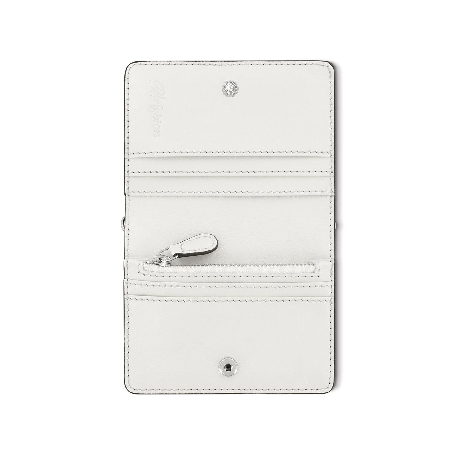 Brighton wallet shown open with white leather interior, card slots, zippered coin pocket, and snap closures on a white background