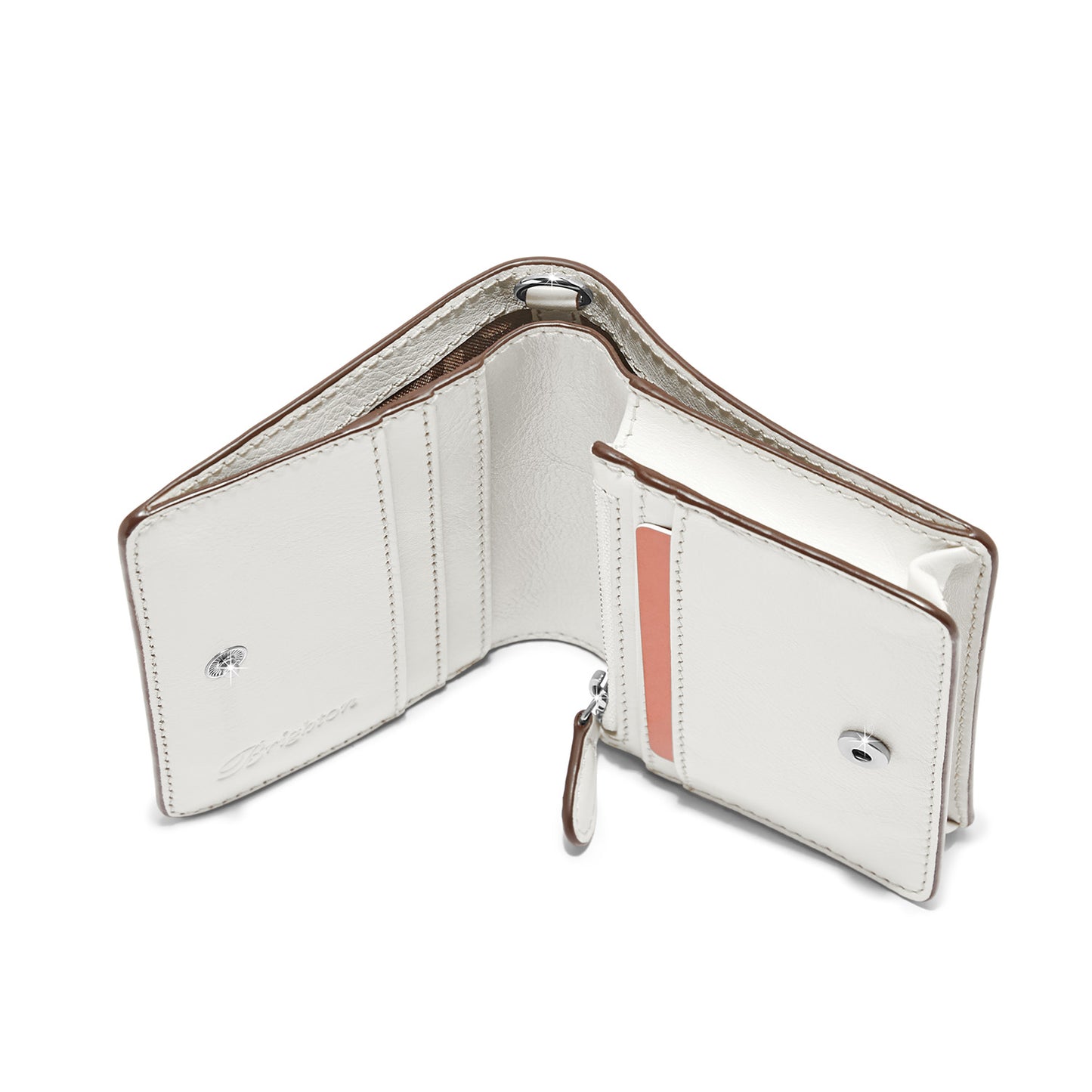 Brighton bifold wallet shown open with white leather interior, card slots, and zippered coin pocket on a white background