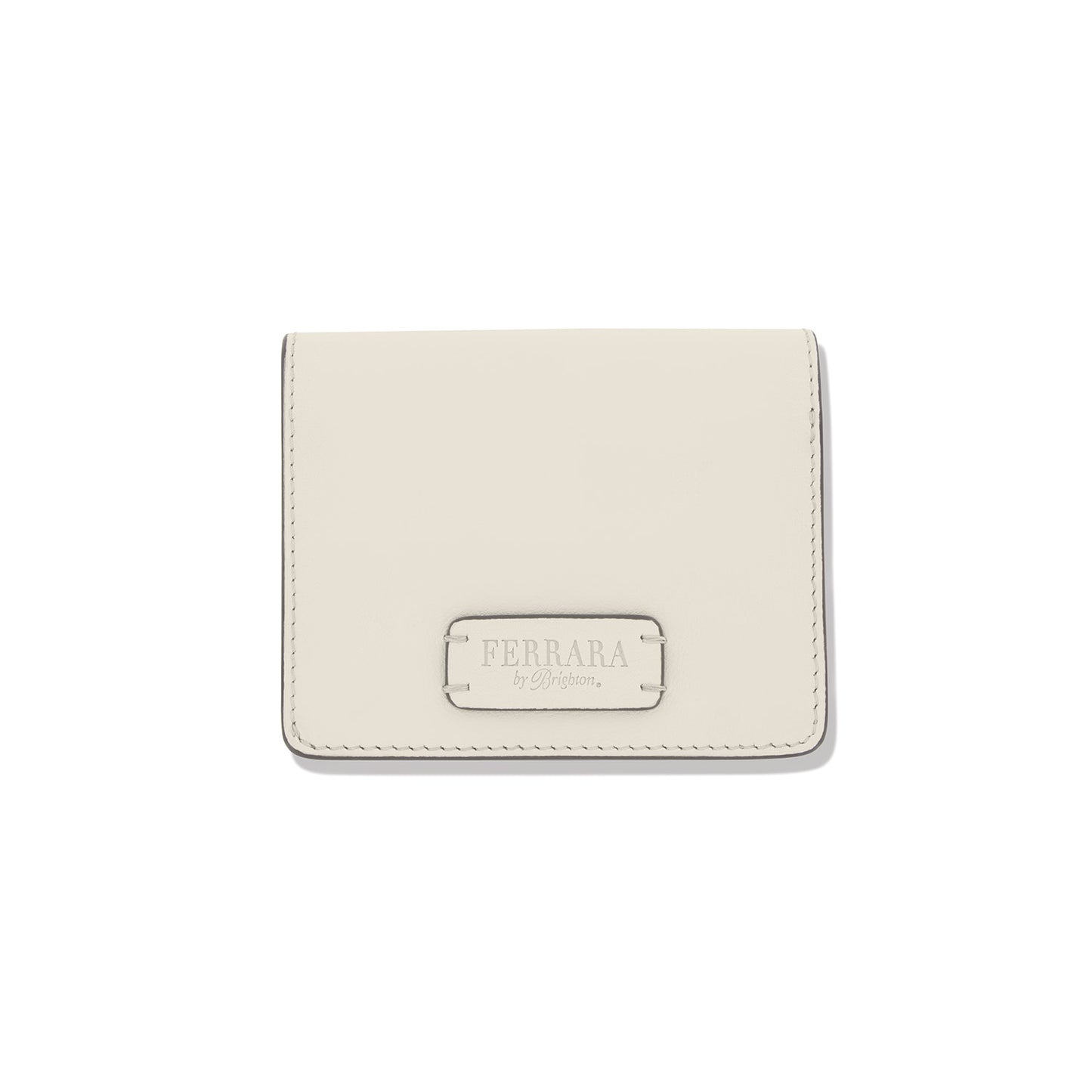Brighton bifold wallet in cream leather with embossed Ferrara by Brighton logo plate on a white background