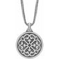 Brighton pendant necklace with silver-plated round medallion featuring ornate filigree scrollwork on beaded chain on a white background