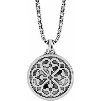 Brighton pendant necklace with silver-plated round medallion featuring ornate filigree scrollwork on beaded chain on a white background