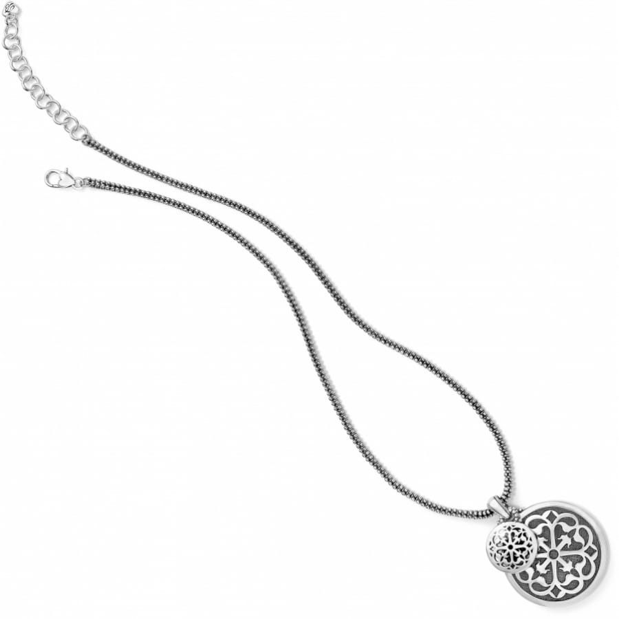 Brighton pendant necklace with silver-plated round openwork medallions and beaded chain with lobster clasp on a white background