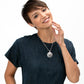 Model wearing a Brighton silver-plated pendant necklace with layered filigree medallions and matching stud earring