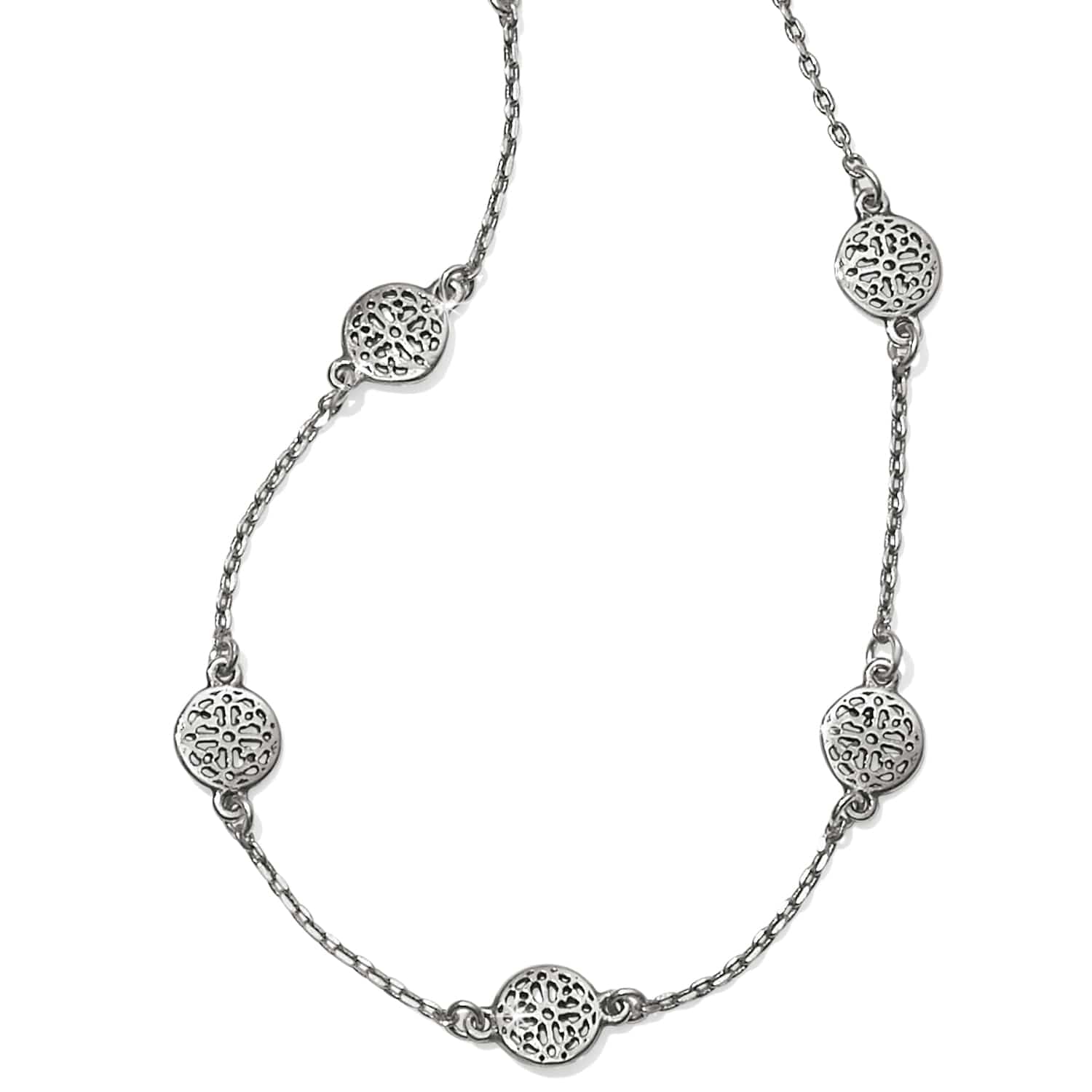 Brighton station necklace with silver-plated openwork filigree medallions on a delicate chain on a white background