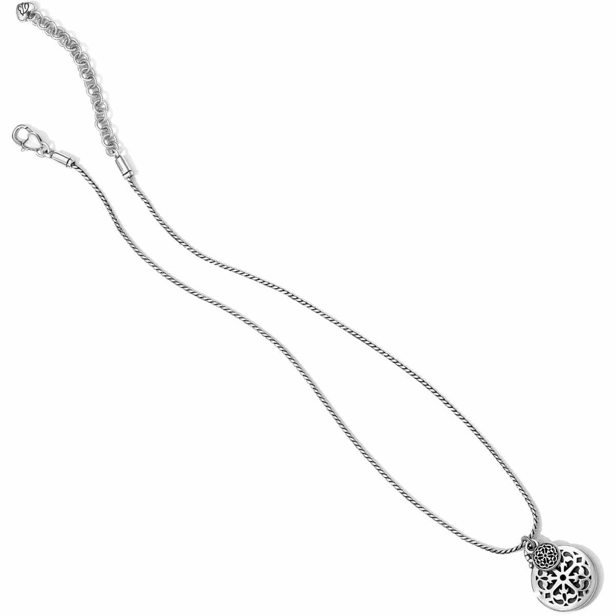 Brighton pendant necklace with silver-plated snake chain and round openwork medallion charms on a white background
