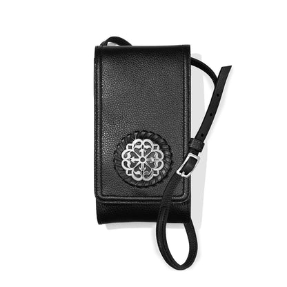 Brighton black leather crossbody handbag with silver-tone medallion accent and adjustable buckle strap on a white background