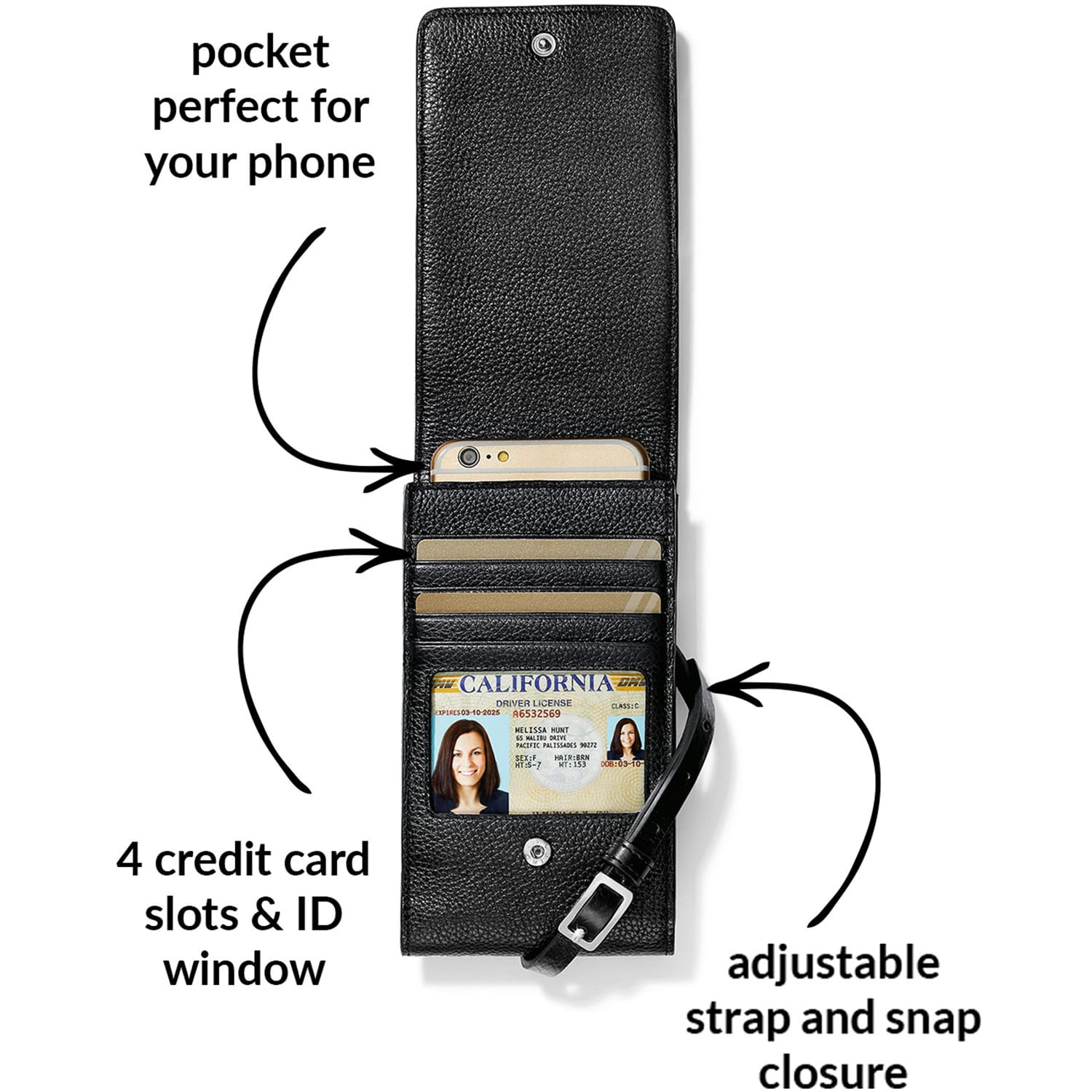 Close-up of Brighton black leather wallet shown open with phone pocket, card slots, ID window, and strap