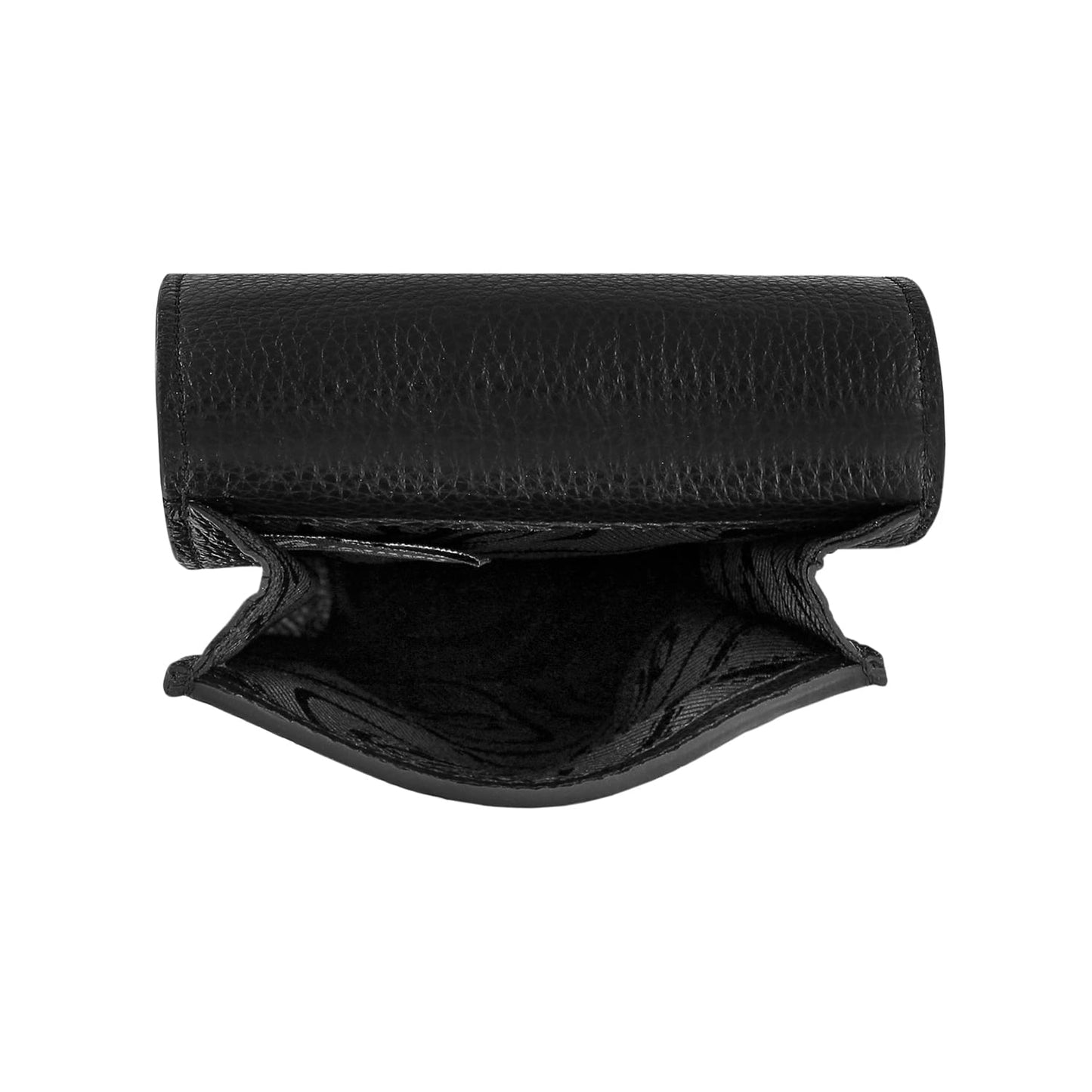Brighton black pebbled leather wallet shown open with patterned interior lining and foldover flap on a white background