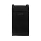 Brighton black pebbled leather phone case shown from the back with small logo patch on a white background