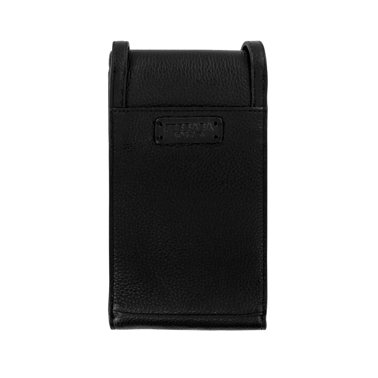 Brighton black pebbled leather phone case shown from the back with small logo patch on a white background