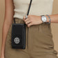 Brighton black leather crossbody handbag with silver-tone medallion accent and slim shoulder strap