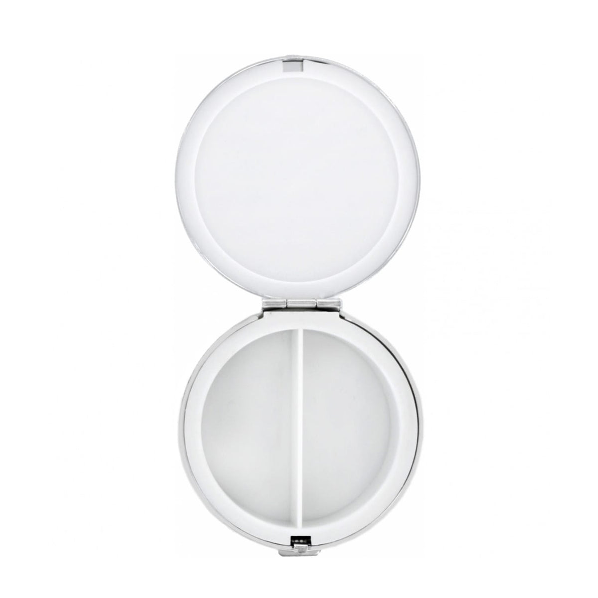 Brighton pill case shown open with mirrored lid and two-compartment interior with silver-tone trim on a white background
