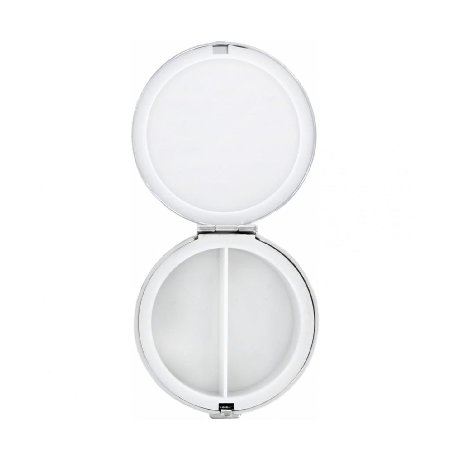 Brighton pill case shown open with mirrored lid and two-compartment interior with silver-tone trim on a white background