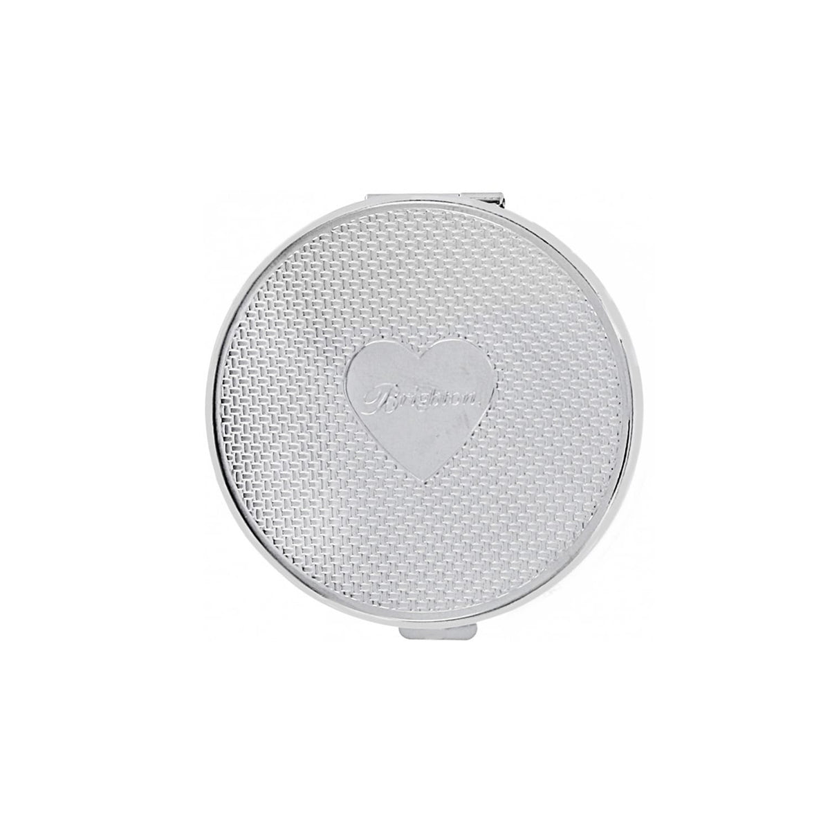 Brighton compact with silver-tone woven texture pattern and engraved heart emblem at the center on a white background