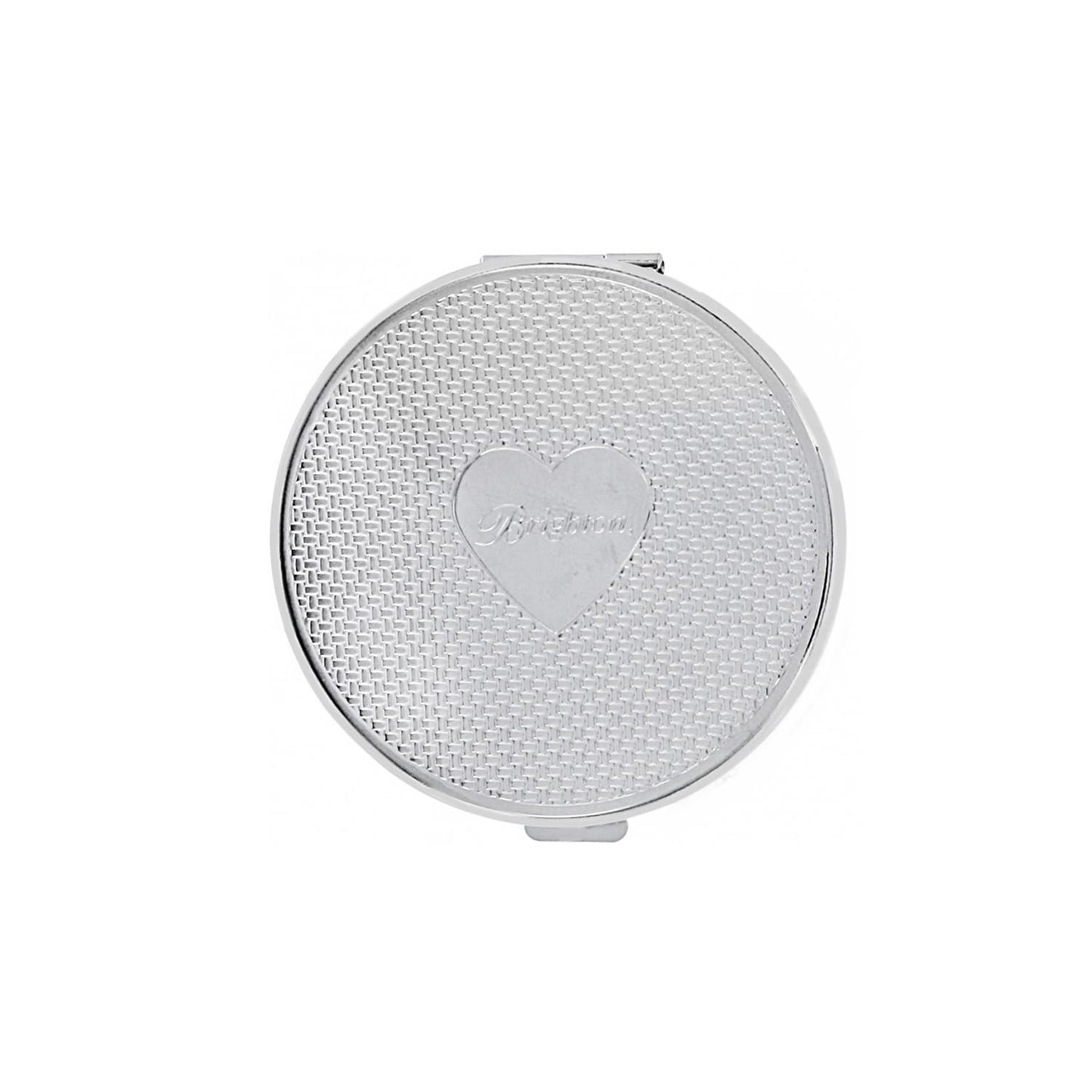 Brighton compact with silver-tone woven texture pattern and engraved heart emblem at the center on a white background