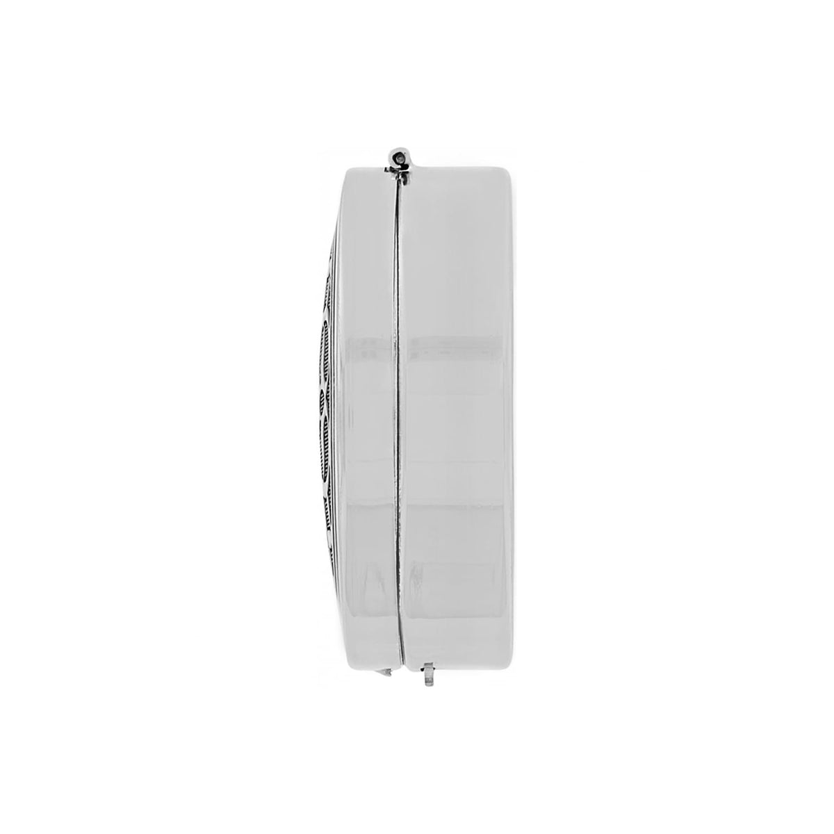 Brighton compact shown from the side with polished silver-tone rounded case and small hinge on a white background