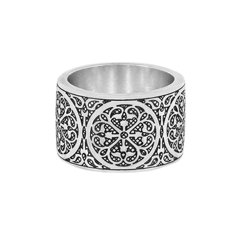Brighton wide band ring with silver-plated intricate medallion and scrollwork engraved pattern on a white background
