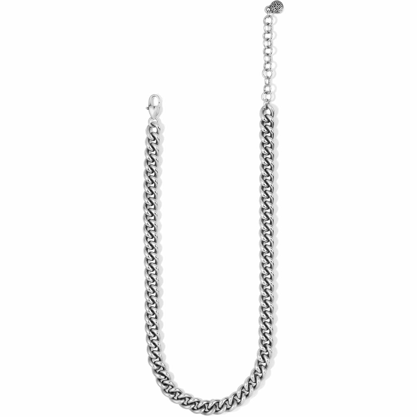 Brighton curb chain necklace with silver-plated links, lobster clasp, and small medallion charm on a white background