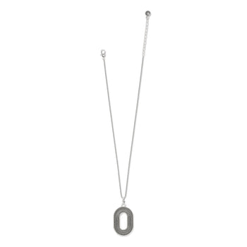 Brighton pendant necklace with silver-plated oval filigree pendant and thin chain with lobster clasp on a white background