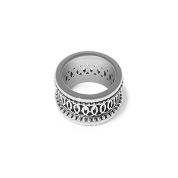 Brighton wide band ring with silver-plated beaded edges and openwork oval detailing on a white background